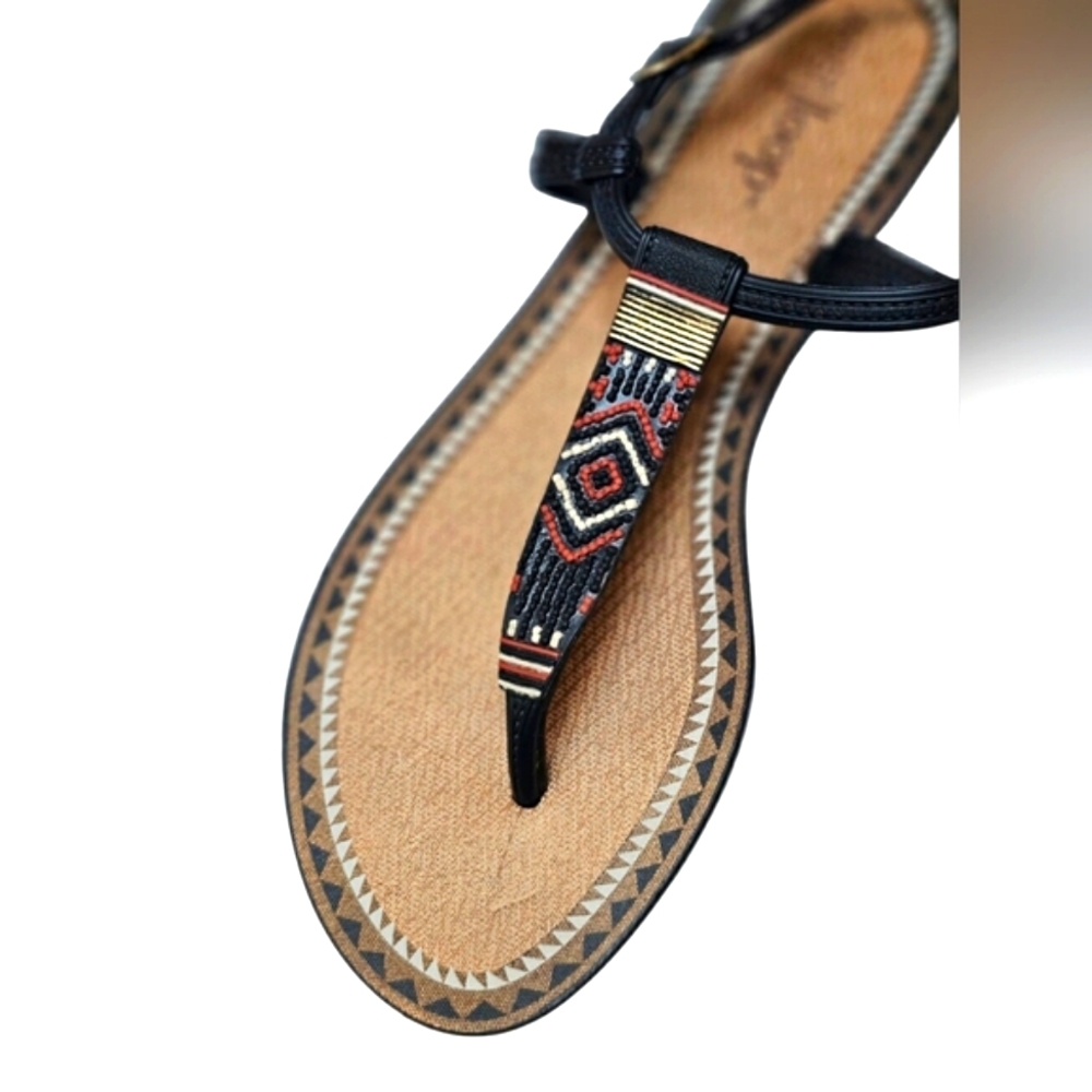 West Loop Western Aztec Shoes Rubber Beaded Black Rust Orange & Tan Sandals - Picture 3 of 8